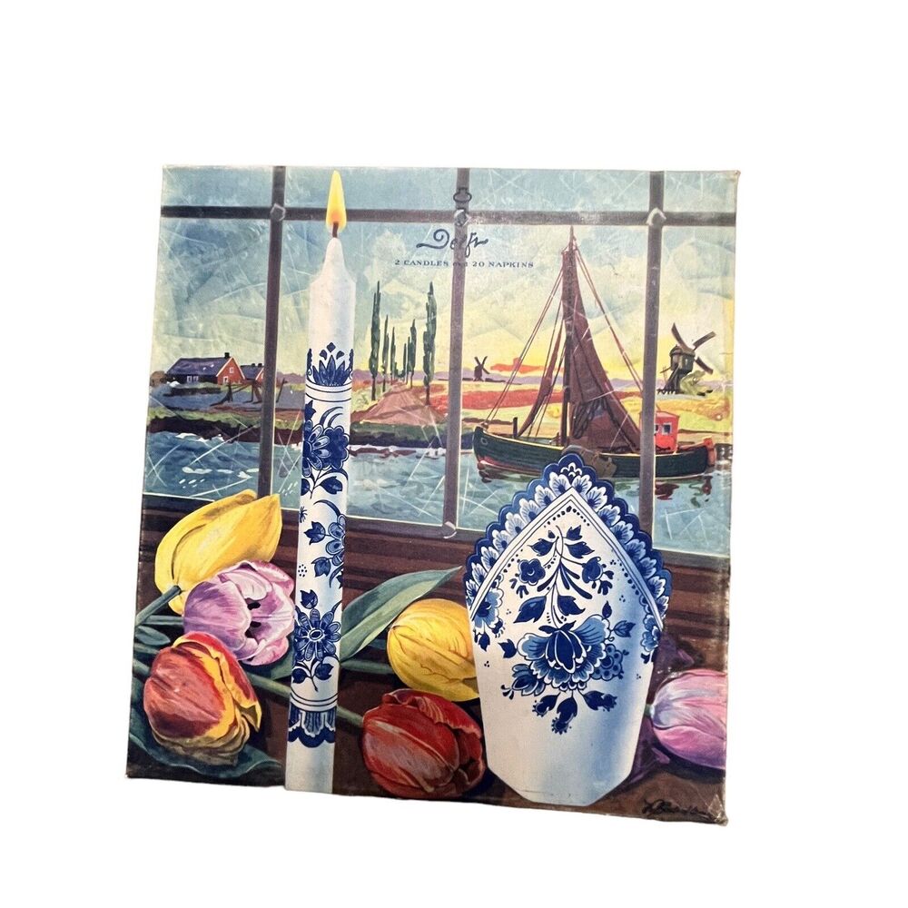 Denmark Candle Napkin Gift Set Royal Deftware Aladdin Delft Original Box Vintage
